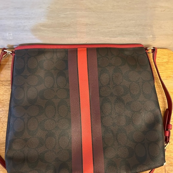 Coach Signature Coated Canvas Dark Brown and Red Crossbody Bag - Picture 4 of 16